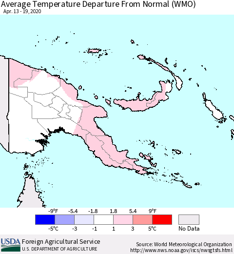 Papua New Guinea Average Temperature Departure from Normal (WMO) Thematic Map For 4/13/2020 - 4/19/2020