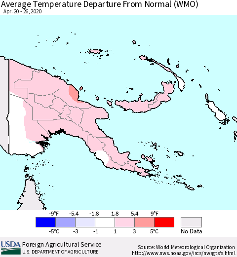 Papua New Guinea Average Temperature Departure from Normal (WMO) Thematic Map For 4/20/2020 - 4/26/2020
