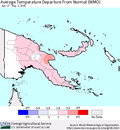 Papua New Guinea Average Temperature Departure from Normal (WMO) Thematic Map For 4/27/2020 - 5/3/2020