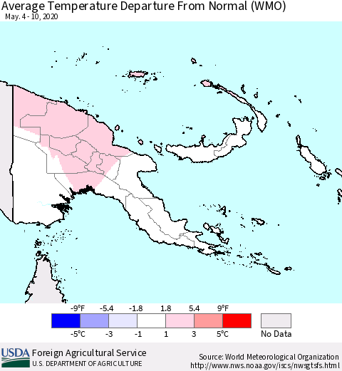 Papua New Guinea Average Temperature Departure from Normal (WMO) Thematic Map For 5/4/2020 - 5/10/2020
