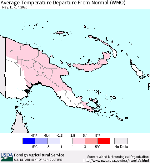 Papua New Guinea Average Temperature Departure from Normal (WMO) Thematic Map For 5/11/2020 - 5/17/2020