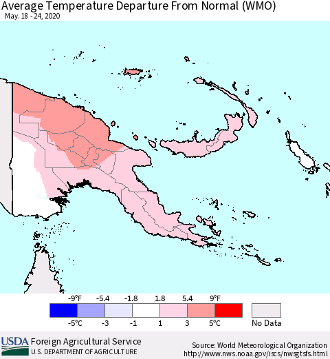 Papua New Guinea Average Temperature Departure from Normal (WMO) Thematic Map For 5/18/2020 - 5/24/2020