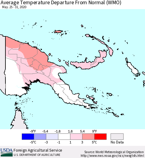 Papua New Guinea Average Temperature Departure from Normal (WMO) Thematic Map For 5/25/2020 - 5/31/2020
