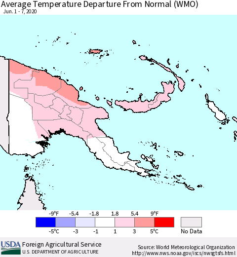 Papua New Guinea Average Temperature Departure from Normal (WMO) Thematic Map For 6/1/2020 - 6/7/2020