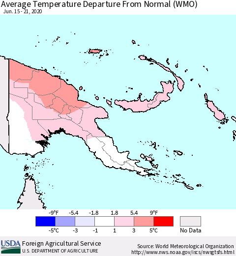 Papua New Guinea Average Temperature Departure from Normal (WMO) Thematic Map For 6/15/2020 - 6/21/2020
