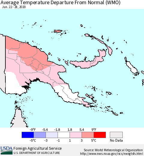 Papua New Guinea Average Temperature Departure from Normal (WMO) Thematic Map For 6/22/2020 - 6/28/2020