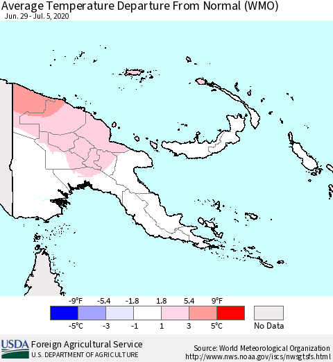 Papua New Guinea Average Temperature Departure from Normal (WMO) Thematic Map For 6/29/2020 - 7/5/2020
