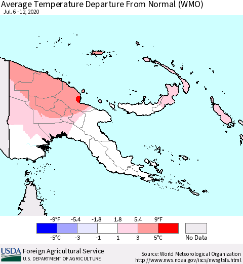 Papua New Guinea Average Temperature Departure from Normal (WMO) Thematic Map For 7/6/2020 - 7/12/2020