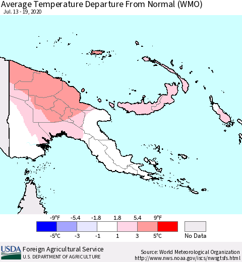 Papua New Guinea Average Temperature Departure from Normal (WMO) Thematic Map For 7/13/2020 - 7/19/2020
