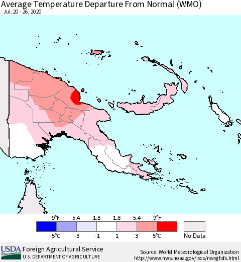Papua New Guinea Average Temperature Departure from Normal (WMO) Thematic Map For 7/20/2020 - 7/26/2020