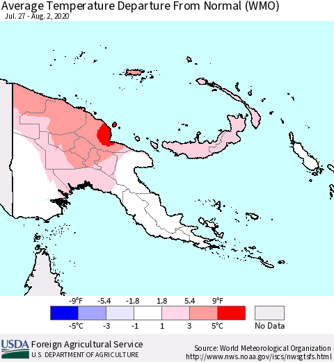Papua New Guinea Average Temperature Departure from Normal (WMO) Thematic Map For 7/27/2020 - 8/2/2020