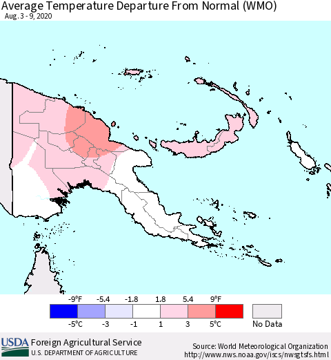 Papua New Guinea Average Temperature Departure from Normal (WMO) Thematic Map For 8/3/2020 - 8/9/2020
