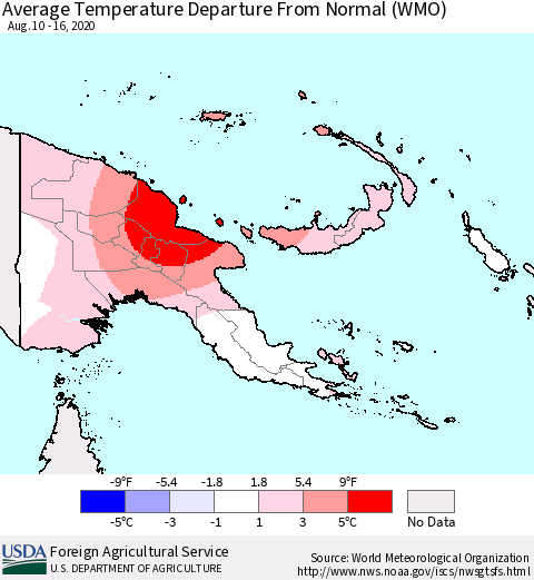 Papua New Guinea Average Temperature Departure from Normal (WMO) Thematic Map For 8/10/2020 - 8/16/2020