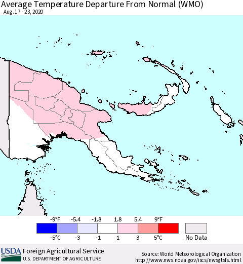 Papua New Guinea Average Temperature Departure from Normal (WMO) Thematic Map For 8/17/2020 - 8/23/2020