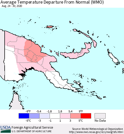 Papua New Guinea Average Temperature Departure from Normal (WMO) Thematic Map For 8/24/2020 - 8/30/2020