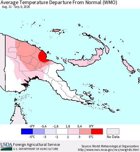 Papua New Guinea Average Temperature Departure from Normal (WMO) Thematic Map For 8/31/2020 - 9/6/2020
