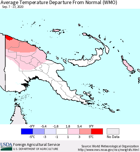 Papua New Guinea Average Temperature Departure from Normal (WMO) Thematic Map For 9/7/2020 - 9/13/2020