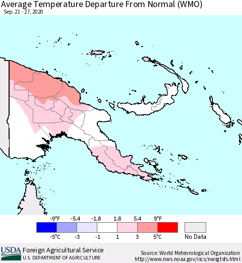 Papua New Guinea Average Temperature Departure from Normal (WMO) Thematic Map For 9/21/2020 - 9/27/2020