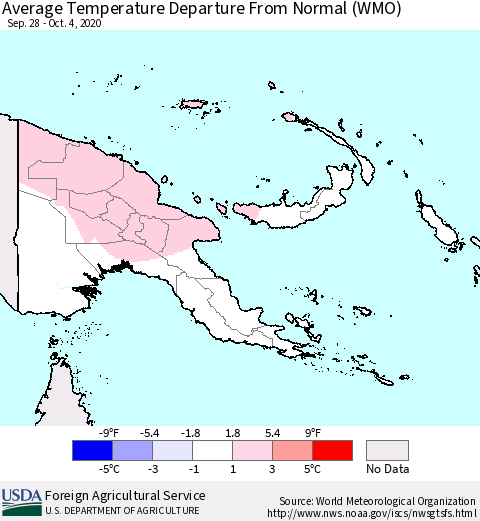 Papua New Guinea Average Temperature Departure from Normal (WMO) Thematic Map For 9/28/2020 - 10/4/2020