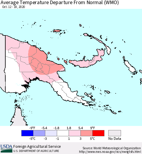 Papua New Guinea Average Temperature Departure from Normal (WMO) Thematic Map For 10/12/2020 - 10/18/2020