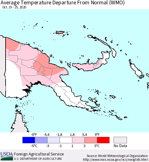 Papua New Guinea Average Temperature Departure from Normal (WMO) Thematic Map For 10/19/2020 - 10/25/2020