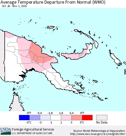 Papua New Guinea Average Temperature Departure from Normal (WMO) Thematic Map For 10/26/2020 - 11/1/2020