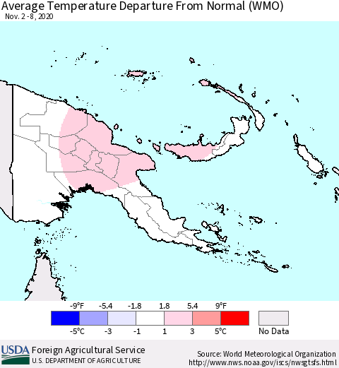 Papua New Guinea Average Temperature Departure from Normal (WMO) Thematic Map For 11/2/2020 - 11/8/2020