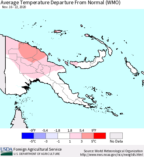 Papua New Guinea Average Temperature Departure from Normal (WMO) Thematic Map For 11/16/2020 - 11/22/2020