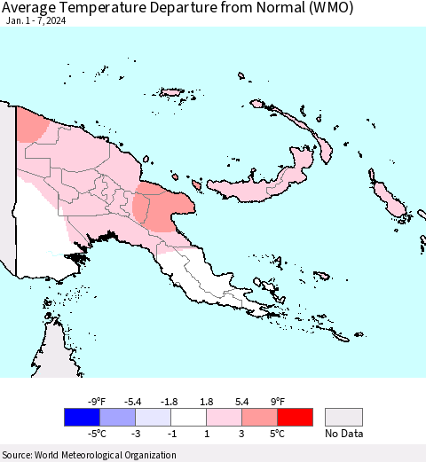 Papua New Guinea Average Temperature Departure from Normal (WMO) Thematic Map For 1/1/2024 - 1/7/2024
