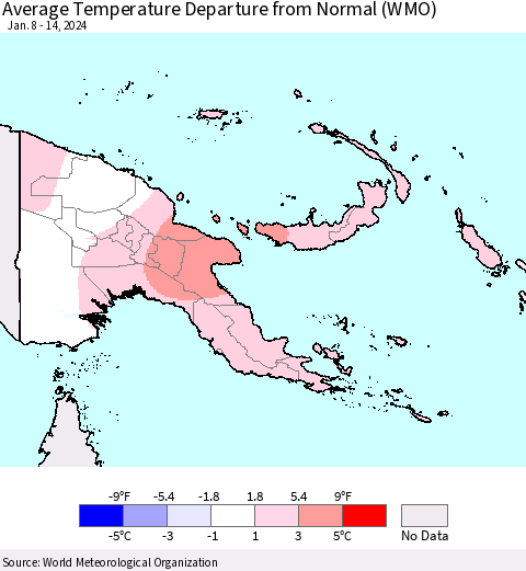 Papua New Guinea Average Temperature Departure from Normal (WMO) Thematic Map For 1/8/2024 - 1/14/2024