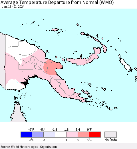Papua New Guinea Average Temperature Departure from Normal (WMO) Thematic Map For 1/15/2024 - 1/21/2024