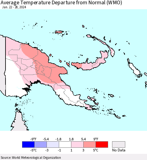 Papua New Guinea Average Temperature Departure from Normal (WMO) Thematic Map For 1/22/2024 - 1/28/2024