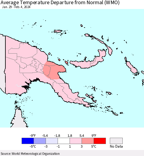 Papua New Guinea Average Temperature Departure from Normal (WMO) Thematic Map For 1/29/2024 - 2/4/2024