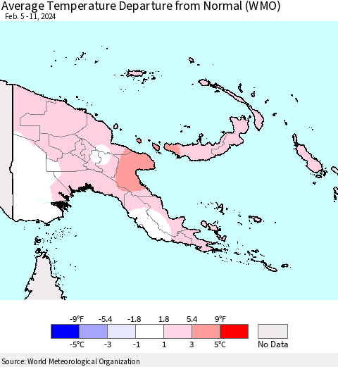 Papua New Guinea Average Temperature Departure from Normal (WMO) Thematic Map For 2/5/2024 - 2/11/2024