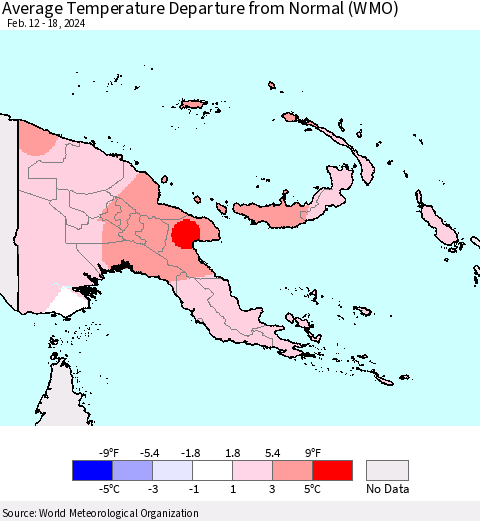 Papua New Guinea Average Temperature Departure from Normal (WMO) Thematic Map For 2/12/2024 - 2/18/2024