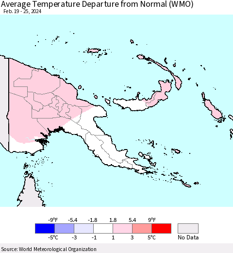 Papua New Guinea Average Temperature Departure from Normal (WMO) Thematic Map For 2/19/2024 - 2/25/2024