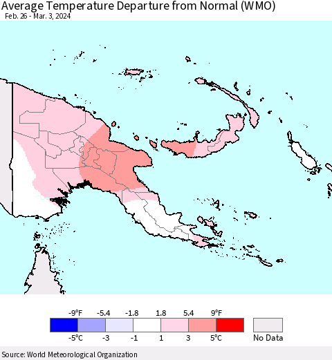 Papua New Guinea Average Temperature Departure from Normal (WMO) Thematic Map For 2/26/2024 - 3/3/2024