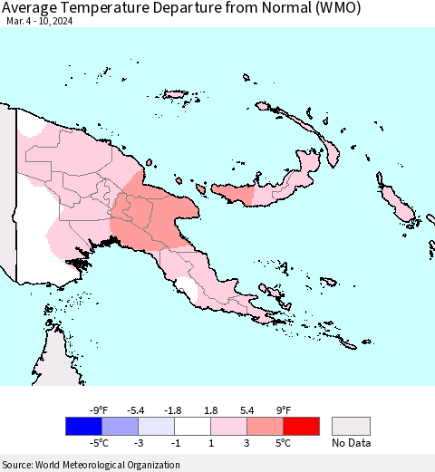 Papua New Guinea Average Temperature Departure from Normal (WMO) Thematic Map For 3/4/2024 - 3/10/2024