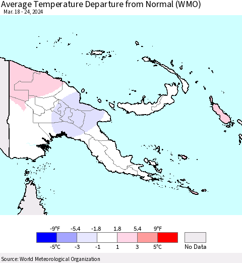 Papua New Guinea Average Temperature Departure from Normal (WMO) Thematic Map For 3/18/2024 - 3/24/2024