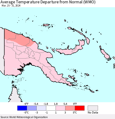 Papua New Guinea Average Temperature Departure from Normal (WMO) Thematic Map For 3/25/2024 - 3/31/2024
