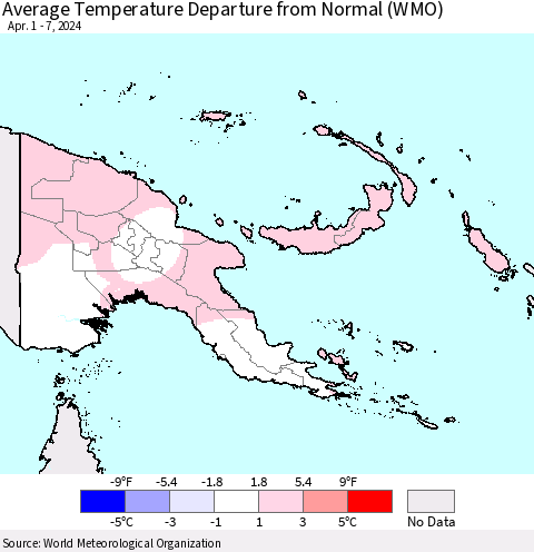Papua New Guinea Average Temperature Departure from Normal (WMO) Thematic Map For 4/1/2024 - 4/7/2024