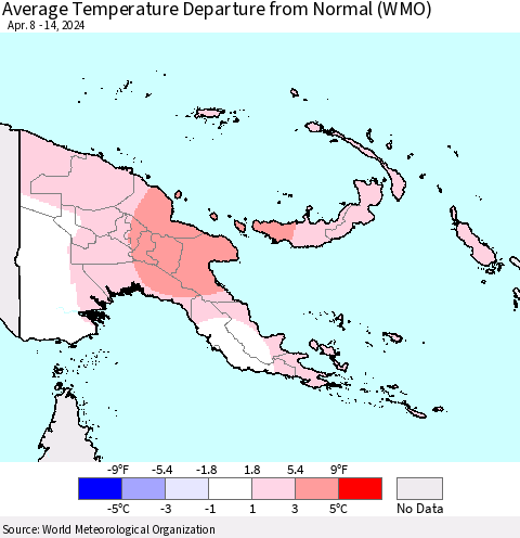 Papua New Guinea Average Temperature Departure from Normal (WMO) Thematic Map For 4/8/2024 - 4/14/2024