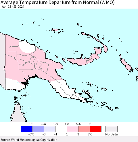 Papua New Guinea Average Temperature Departure from Normal (WMO) Thematic Map For 4/15/2024 - 4/21/2024