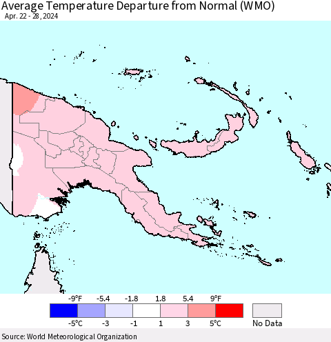 Papua New Guinea Average Temperature Departure from Normal (WMO) Thematic Map For 4/22/2024 - 4/28/2024