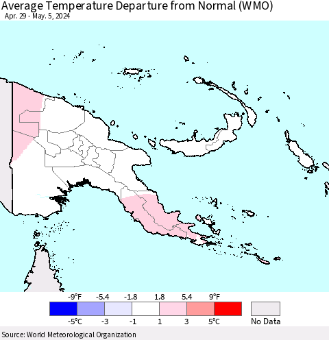 Papua New Guinea Average Temperature Departure from Normal (WMO) Thematic Map For 4/29/2024 - 5/5/2024