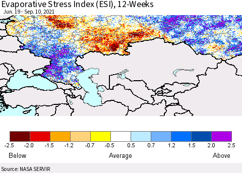 Russian Federation Evaporative Stress Index (ESI), 12-Weeks Thematic Map For 9/6/2021 - 9/12/2021