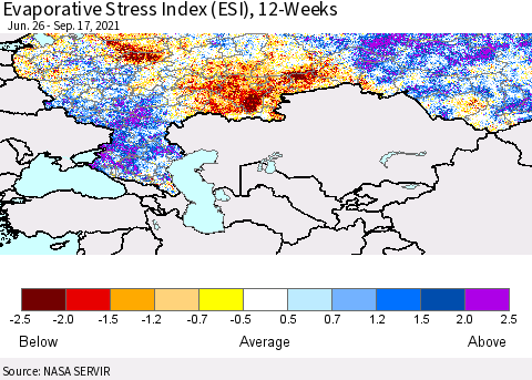 Russian Federation Evaporative Stress Index (ESI), 12-Weeks Thematic Map For 9/13/2021 - 9/19/2021