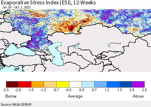 Russian Federation Evaporative Stress Index (ESI), 12-Weeks Thematic Map For 9/27/2021 - 10/3/2021