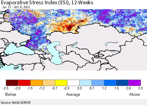 Russian Federation Evaporative Stress Index (ESI), 12-Weeks Thematic Map For 10/4/2021 - 10/10/2021
