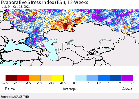 Russian Federation Evaporative Stress Index (ESI), 12-Weeks Thematic Map For 10/11/2021 - 10/17/2021